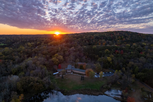 Aerial drone shot of sunset over Dunrovin